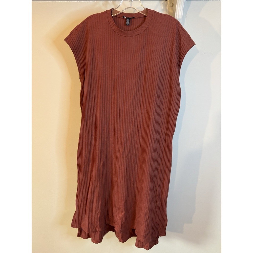 EILEEN FISHER Brown Ribbed Midi Dress M Tencel Lyocell Minimalist‎ Cap Sleeve